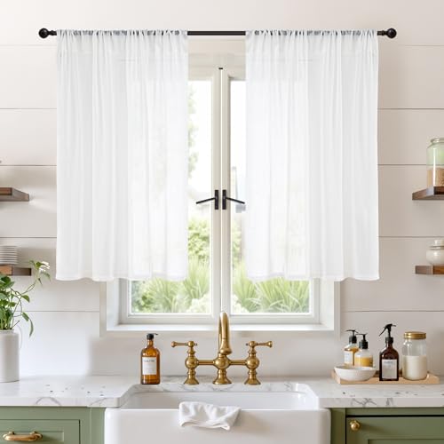 Image of BGment 40 Inches Long White Linen Curtains for Kitchen Cafe Window | Semi Sheer Short Length Drapes with Rod Pocket Light Filtering for Bedroom Bathroom Lightweight, 2 Panels Set, 42 X 40 Inch
