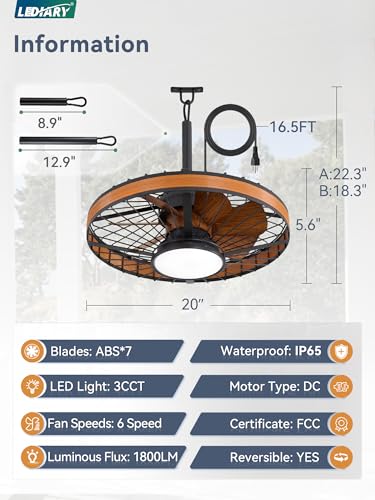 LEDIARY Outdoor Ceiling Fans with Lights, IP65 Waterproof Gazebo Fan with Hanging Hook,6 Speeds, 3CCT, 20 Inch Wet Rated Plug in Ceiling Fan for Patios,Porch, Pergola,Canopy - Image 6