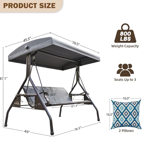 ZZW 3 Person Patio Swing Outdoor Swing for Adults with Adjustable Canopy &Upgraded Cup Holders Textilene Fabric Porch Swing Chair with Stand Heavy Duty 800 LBS - Thumbnail 2