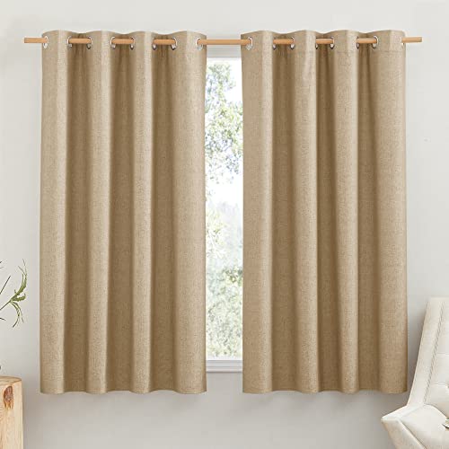 NICETOWN 100% Absolutely Blackout Linen Curtains with Thermal Insulated White Liner, Camel, 52" Wide by 45" Long, 2 Pieces, Linen Blend Window Drapes Privacy Window Treatments for Bedroom/Ki