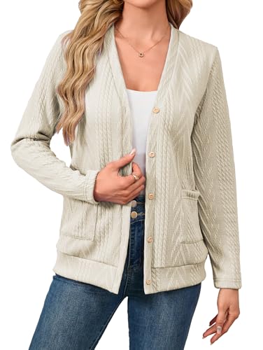 Famulily Women's Button Down V Neck Long Sleeve Lightweight Cardigans Open Front Cardigan Tops with Pockets (XXL, Beige)