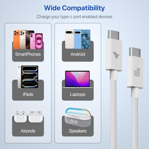 Image of DR VAKU 100w PD Braided Type C To Type C Cable 2M Fast Charging High Speed Data Transfer for iPhone, MacBook, Monitor, Laptop, iPad, Tablets, Samsung, Hp, Dell, Microsoft,Lenovo Type C Devices-White