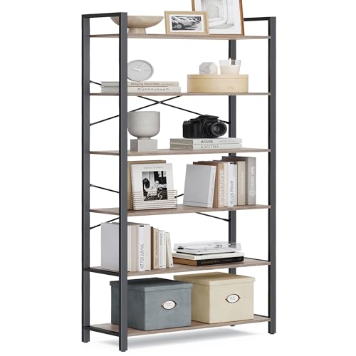 Image of VASAGLE 6-Tier Bookshelf, Bookcase with Steel Frame, Book Shelf for Living Room, Home Office, Study, 11.8 x 31.5 x 73.2 Inches, Industrial Style, Heather Greige and Ink Black ULLS082B02