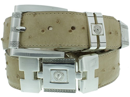 El Presidente Mens Sand Cowboy Belt Ostrich Quill Print Silver Links Western Dress