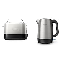 Philips Tostapane – 2 Fette, 7 impostazioni, Scongelamento e Scalda Brioche Integrato, Leva di Sollevamento + Philips Bollitore Elettrico – 1,7 L, Coperchio a Molla, Spia Luminosa, in Acciaio Inox