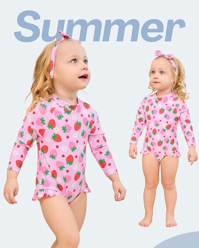 Baby Girl Swimsuit Long Sleeve One-Piece Swimwear with Hat Rash Guard Ruffle Floral Zipper Beach Infant Bathing Suit2