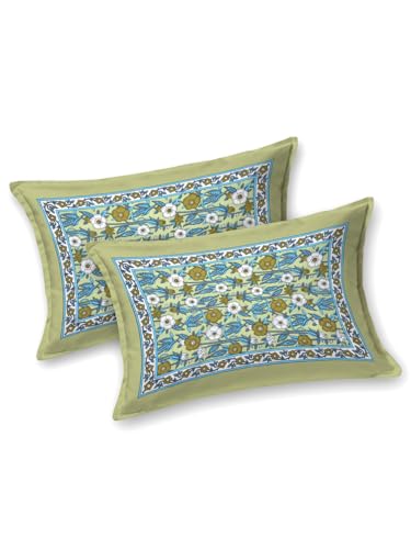 Image of Cotton Bedsheet, Printed Bedsheet for Double Bed with 2 Pillow Covers, Eco-Friendly Bedsheet for Bedroom, Guestroom & Living Room, Size - 90 * 108 (Leaf Green & Blue)