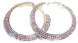 Crystal Iridescent Triple Rhinestone Hoop Earrings 2 Inch ABS Rhodium Crystal