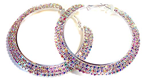Crystal Iridescent Rhinestone Hoop Earrings 2 Inch ABS Rhodium Crystal Hoop Earrings