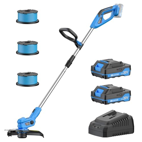 Cortabordes a Batería con 2 Baterías 2.0Ah y Cargador   Desbrozadora Eléctrica Ultraligera 1,9kg, Ancho de Corte 30cm, 9000RPM, 3 Bobinas de Hilo   Ideal para Jardín y Bordes (Hellblau)