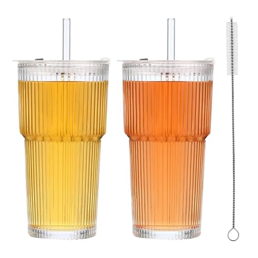 DUBUOZA Juego de 2 Vaso de Vidrio 600ml con 2 Tapa y 2 Pajitas y 1 Cepillo de Cristal, Taza de Agua Sello,Adecuado para Jugo, Cócteles, Cerveza, Café