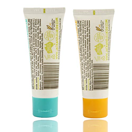 Image of Jack N' Jill Natural Kids Toothpaste - Blueberry & Banana - Organic, Gluten Free, Vegan, BPA Free, Fluoride Free, SLS Free, Dairy Free - Making Toothbrushing Fun for Kids - 1.76 oz (Pack of 2) | Fluoride Free Kids & Toddlers Toothpaste, Gently Cleans Teeth, Helps Soothe Gums, 40% Xylitol, BPA Free, No Artificial Dyes