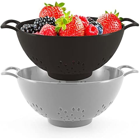 Meadow Lane 6-inch Small Colander, BPA-Free, Dishwasher Safe, Double Handles, Compact Food Strainer for Berries, Veggies and Pasta, 3-Cup Capacity, Black and Gray, 2-Pack Cover