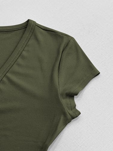 Image of Albe Rita Women Short Sleeve T-Shirt Cap V Neck Shirts for Women Ribbed Casual Top Knit Slim Fit for Summer