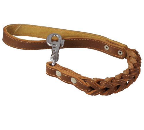 Dogs My Love Brown Leather Braided Dog Short Traffic Leash 16" Long 4-Thong Square Braid For Large Breeds #TOP12