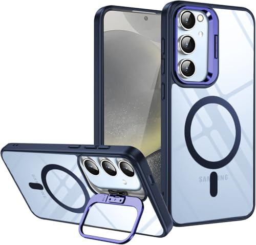 Image of VONZEE PC Compatible For Samsung S24 FE 5G Case,Compatible With Magsafe,Military-Grade Protective Case,Built-In Stash Stand Phone Case,Scratch-Resistant Back Cover,Classic Series|Clear Deep Blue