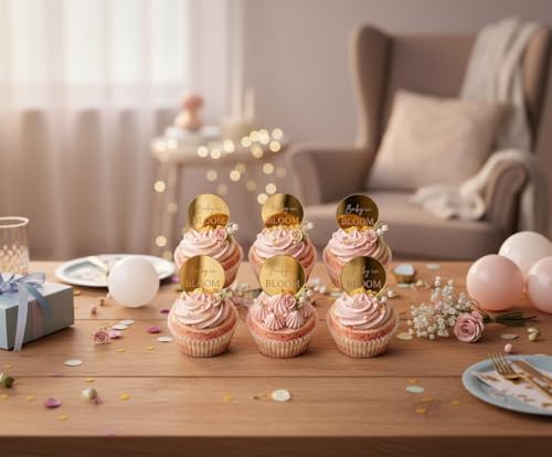 20pcs Baby Shower Cupcake Toppers & Cake Charms,Gold"Baby in Bloom" Reusable Mirror Acrylic Engraved,2" Discs for Botanical Garden Theme Party Decor, Expecting Parents by Yuxuanish - Used condition - Image 7