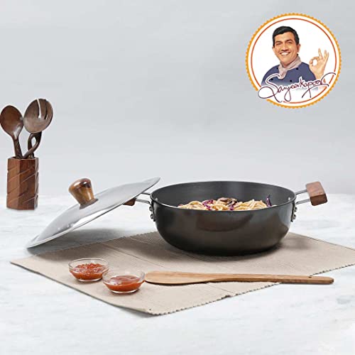 Image of Wonderchef Ebony Aluminium Hard Anodized Deep Kadhai /Kadai with Lid - 24 cm, 3 Litre | Ideal for Sauteeing Veggies, Dal and Curries | Black