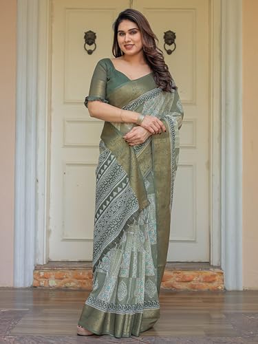 Image of ALMAARI FASHION Floral Printed Cotton Saree for Women with Handloom Zari Weave, Traditional Lightweight Ethnic Saree for Wedding Festive Office Party with Blouse Piece (LINEN 81-90 SH)