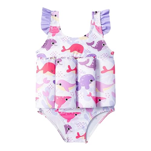 Traje de baño Ayuda a la flotabilidad para niña de 1 a 4 años, Color Rosa, diseño de Globos aerostáticos y Nubes, protección contra Rayos UV+, Estilo Vestido con Correa de Encaje, módulo Flotante