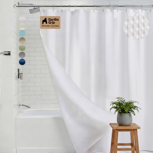 GORILLA GRIP Textured Shower Curtain, Thick Weighted Fabric, Wrinkle and Rust Resistant, Hotel Quality Design, Heavy Duty Curtains for Bathroom Showers, Bath Tubs, Machine Wash, 72x72, White