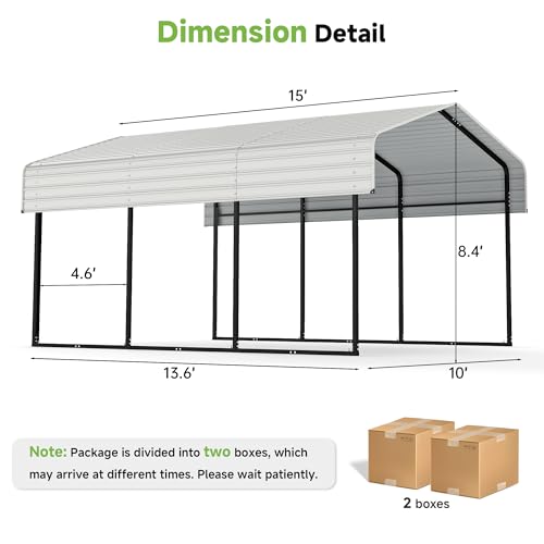 Image of Real Relax 10x15FT Heavy Duty Carport, Metal Car Port Multi-Use Outdoor Storage Cars, Boats, Trucks, Galvanized Metal Roof, Cream White