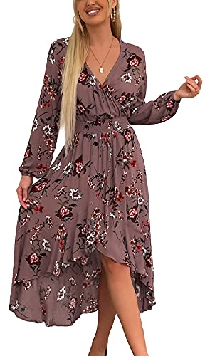 Image of Kormei Women Long Sleeve V Neck Floral Maxi Dress High Low Flowy Party Long Dresses M D10-RosyBrown