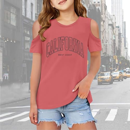 California Cold Shoulder Tops for Girls Letter Print Graphic Tees Summer Short Sleeve T Shirts Casual Loose Tunic Tops 3-12T2