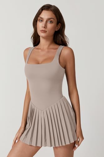 Image of QINSEN Womens Square Neck Tennis Dress Pleated Sleeveless Built in Shorts Golf Athletic Dress with Pockets