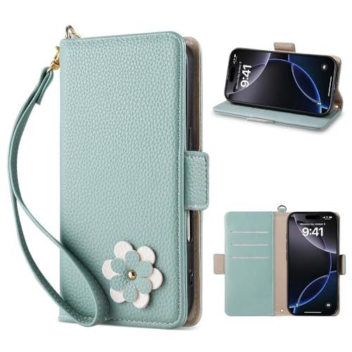 Étui iPhone 17 Air bleu clair portefeuille en cuir à rabat avec motif fleur élégant
