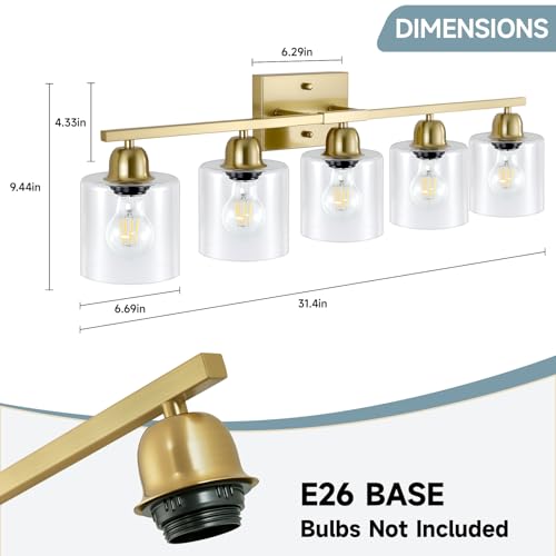 Image of Modern Brushed Gold 5 Light Bathroom Vanity Light,31 inch Vanity Lights for Bathroom with Clear Glass for Mirror Kitchen Living Room Hallway Cabinet Porch