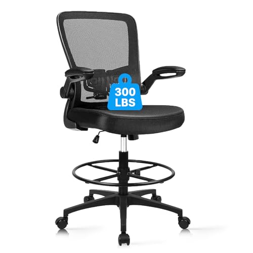 Image of CLATINA Drafting Chair Tall Office Chair with Flip-up Arms, Mid Back Executive Chair with Adjustable Lumbar Support and Footrest, Ergonomic Mesh Computer Standing Desk Chair for Home, Studio, Black