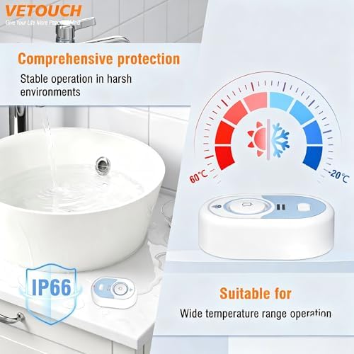 VETOUCH Water Leak Detector with Loud Alarm, 100dB Siren & LED Flash, Water Sensor Alarm for Home, Basement, Sump Pump, Kitchen, Bathroom, RV, Water Heater, Indoor Outdoor, 3-Pack - 3