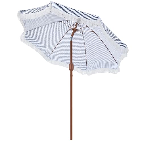 Yaheetech Parasol de Jardin d'extérieur avec Franges, 236/275cm, Parasol Inclinable, Anti-UV/l'eau, avec Canopée Réglable, Manivelle, 8 Baleines, Housse Bleu et Blanc