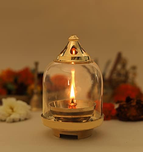 Klassic 4.7 Inch Prabha Curved Glass Jyoti Diya | Brass Base with Curved Borosilicate Glass Cover & Brass Lid | Puja Deepam Lamp for Mandir, Pooja Room, Diwali, Bedroom & Festive Gifting (Pack of 1)