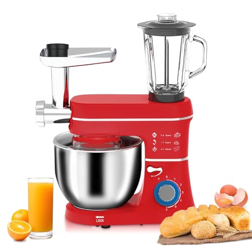 Stand Mixer 5-IN-1, 10L Electric Kitchen Mixer with 6 Speed Tilt-Head, Stainless Steel Bowl, Glass Jar, Meat Grinder, Dough Hook, Whisk, Juice Blender, Pasta Attachment
