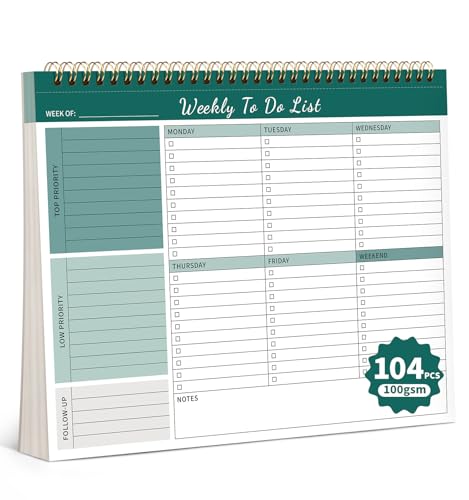 ALKALO 104 Pgs Weekly To Do List Notepad 52 Duplex-Printed Undated Sheets 100 GSM8.511) Weekly Desk Planner For Work Home School Office Desk Accessories Supplies & Goal Setting Tasks - Green