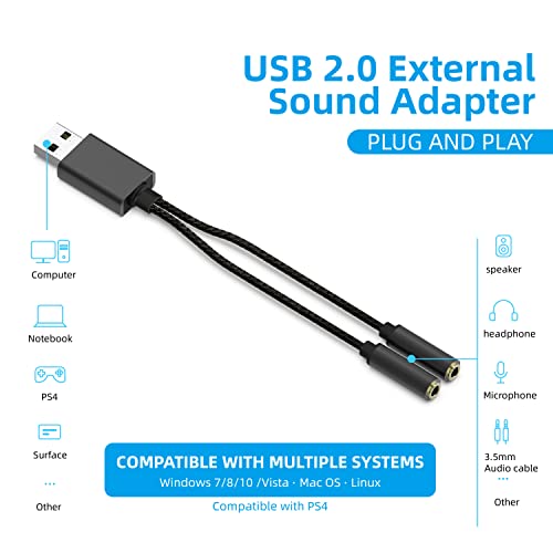 Ebeetech Usb To Dual 3.5Mm Audio Jack Adapter, Mic-Supported Headphone Adapter For Two Headphones, Speakers To Laptop, With 3-Pole 3.5Mm Jack Audio Cables (20Cm&100Cm) [3 Pack], Black #TOP6