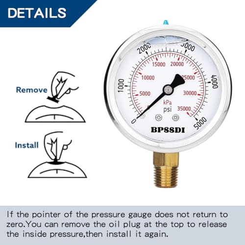 Image of 0-5000 Psi Glycerin Liquid Filled Hydraulic High Pressure Gauge, 2.5 inch Dial Size, 1 /4 inch NPT Lower Mount, 304 Stainless Steel Case, for Water Oil Air Gas Pressure Test