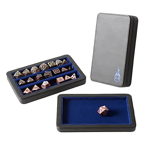 Forged Dice Co. Premium 3-Row Dice Case - Combination Dice Box and Dice Tray - Protects Polyhedral Dice Sets - Felt-Lined Storage Rows - Magnetic Lid Closure - Perfect Metal Dice Storage Box - Blue Cover
