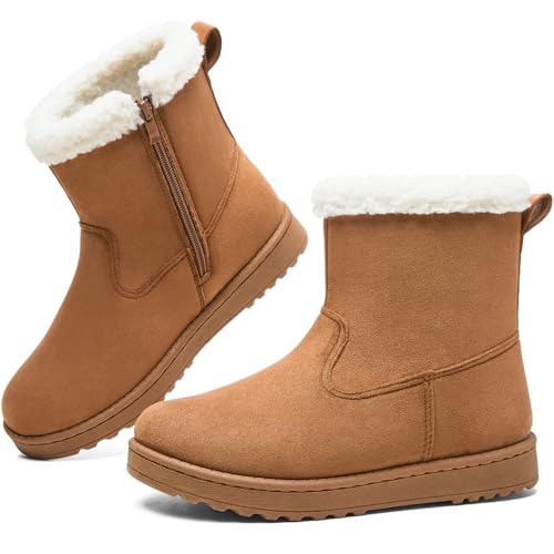 TUOPIN Women's Winter Ankle Boots,Slip-On with Side Zipper,Chestnut US8