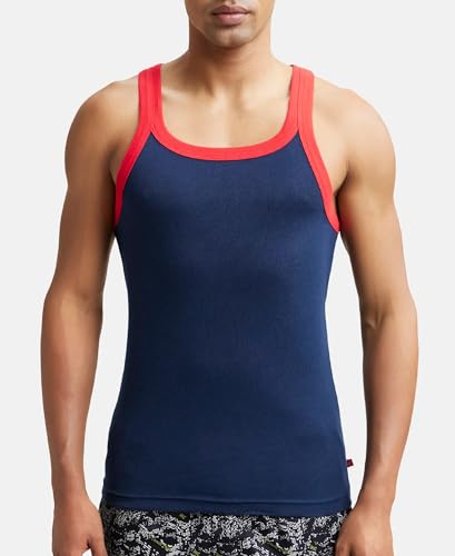 Image of Jockey US27 Men's Super Combed Cotton Rib Square Neck Gym Vest (Shoulder Strap Color May Vary) Navy & Red Pepper M