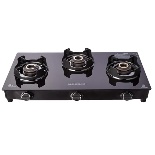 Image of Amazon Basics 3 Burner Glass Top Gas Stove - Auto Ignition, 5G Brass Burners, Crown Pan Supports, ISI Approved, Toughed Glass Top, Anti Skid Legs - Black