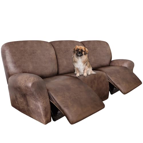 Image of ANARACHON Recliner Couch Cover Leather Look Recliner Sofa Covers for 3 Cushion Reclining Sofa Slipcovers 8-Pieces Furniture Protector Spandex Fabric Washable (3 Seater, 02 Light Brown)