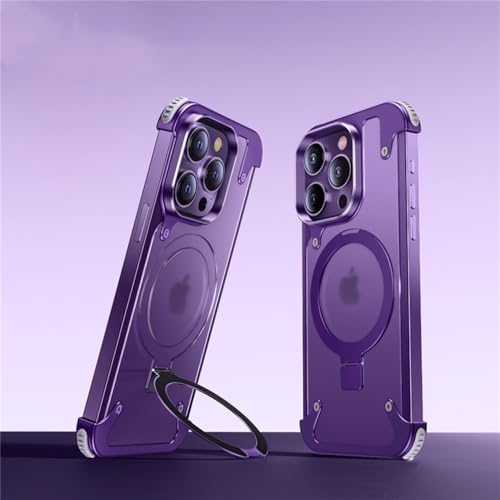 ENILSA Luxury Magnetic Rimless Frosted Metal Phone Case for iPhone 14 13 Pro Max Plus Aluminum Stand Shell Matte Back Cover,Purple,for iPhone 14 ProMax