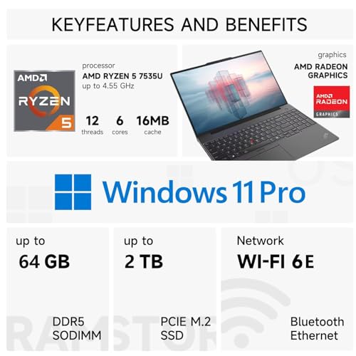 Image of Lenovo ThinkPad E16 Business Laptop, 16 inch FHD+ Anti-Glare Touchscreen, AMD Ryzen 5 7535U, 16GB DDR5, 512GB SSD, Wi-Fi 6E, Fingerprint, Backlit, Webcam, Windows 11 Pro, Bundle with 7-in-1 USB-C Hub