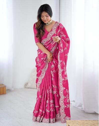 Image of Satrani Women's Satin Embroidery & Sequin Work Saree with Unstitched Blouse Piece