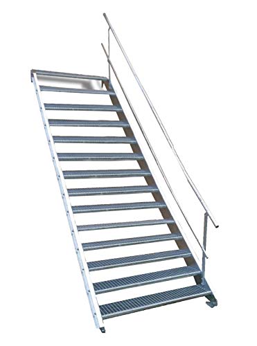 14 Stufen Stahltreppe einseitigem Gelände/Breite 80 cm Geschosshöhe 210-280cm / Robuste Außentreppe/Wangentreppe/Stabile Industrietreppe für den Außenbereich/Inklusive Zubehör