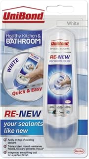 UniBond Re-New, White Silicone Sealant for Kitchen & Bath, One-Step Bathroom Sealant Renewal, Waterproof Bath Sealant with Triple Mould Resistance, 1 x 80ml