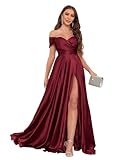 JKMMYO Burgundy Bridesmaid Dresses for Women Long Satin Formal Gown Off The Shoulder Prom Dress with Slit Size 4